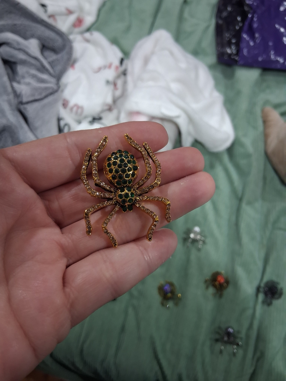 Gold and Green Crystal Spider Brooch Pin - Women Accessories